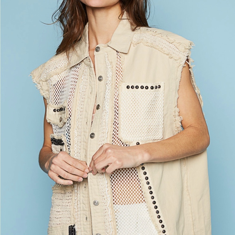 New POL Collar Neck Oversized Fit Vest In Twill W/ Stud & Mesh Details In Pink - Picture 6 of 6